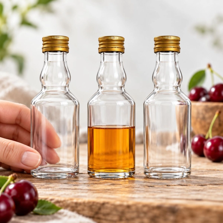 Butelka Elixir 50 ml – trzy małe przezroczyste butelki ze złotymi zakrętkami, jedna trzymana w dłoni