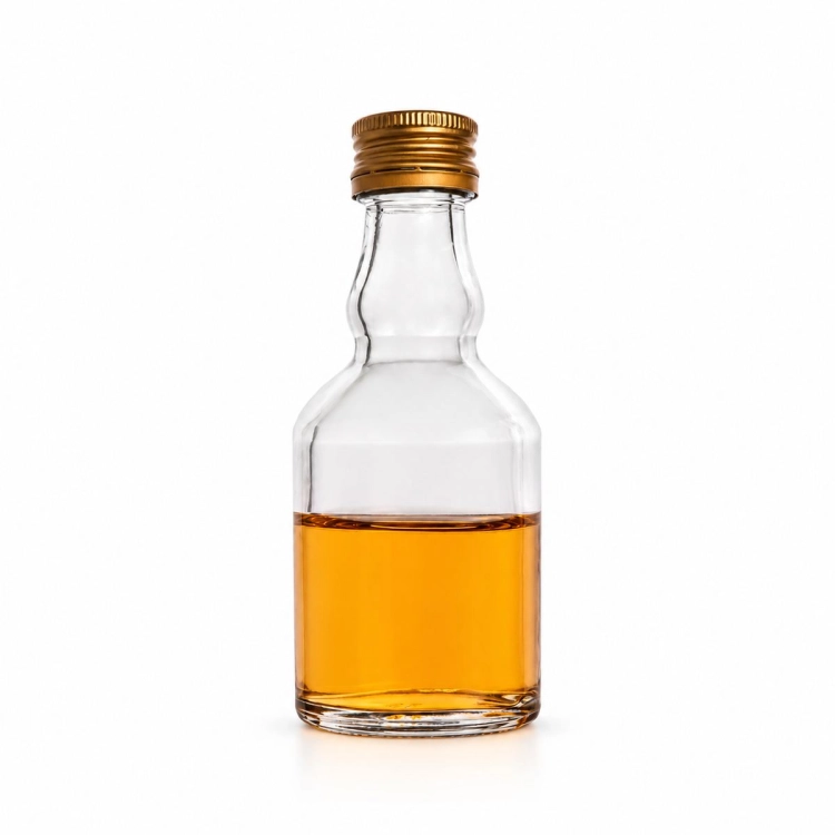 Butelka Elixir 50 ml – pojedyncza mała przezroczysta butelka ze złotą zakrętką na białym tle