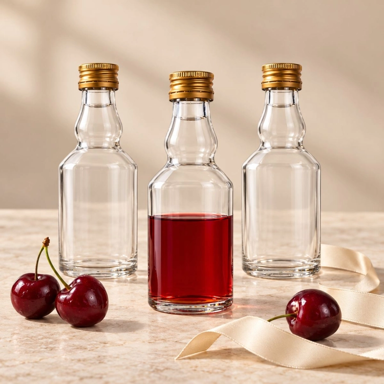 Butelka Elixir 50 ml – kilka małych przezroczystych butelek ze złotymi zakrętkami na blacie
