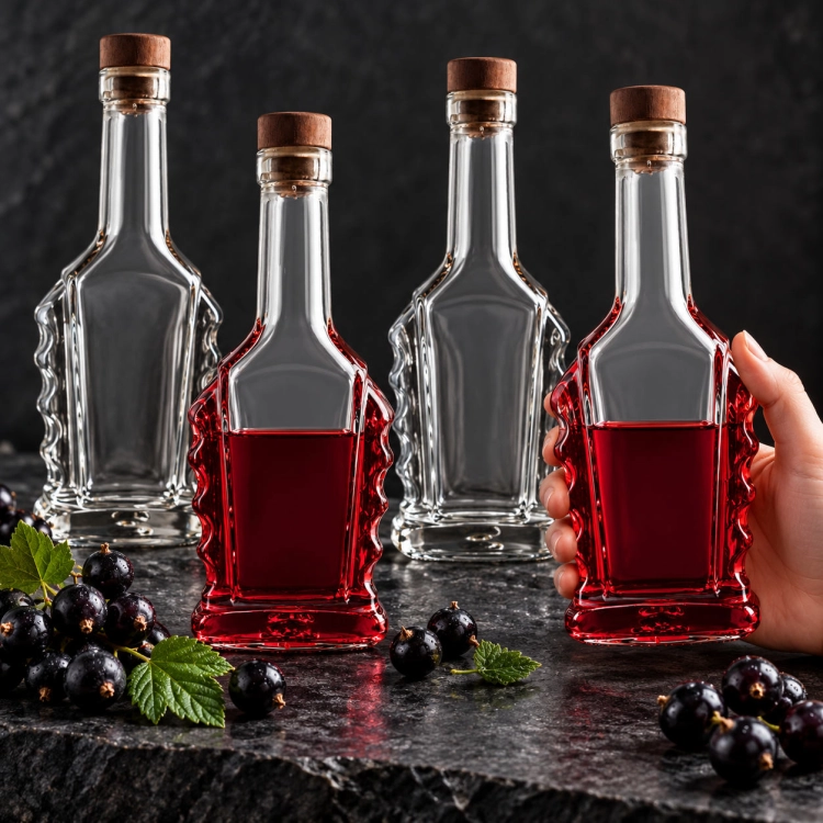 Butelka Bukareszt 250 ml + korek – cztery butelki Bukareszt na ciemnym kamieniu, dwie z czerwonym płynem, jedna w dłoni, czarne porzeczki