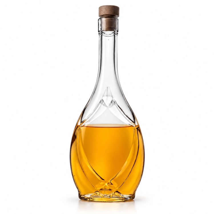 Butelka Iris 500 ml z korkiem – jedna butelka z tłoczonym wzorem, bursztynowy płyn, białe tło