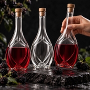Butelka Iris 500 ml z korkiem – trzy butelki na ciemnym kamieniu, dwie z czerwonym płynem, jedna w dłoni, jeżyny