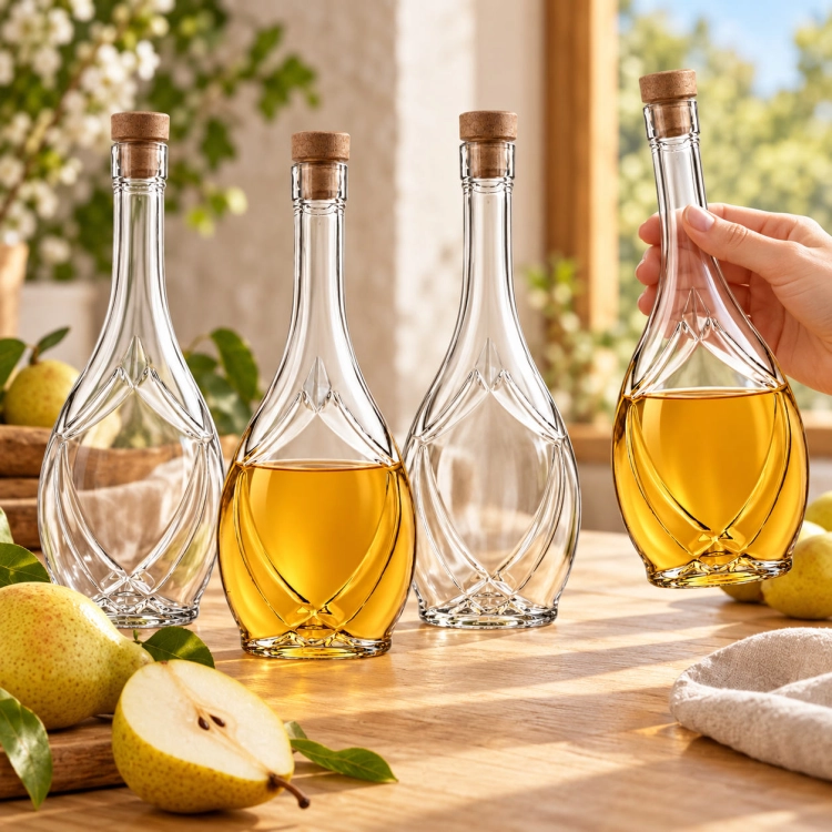 Butelka Iris 500 ml z korkiem – cztery butelki na drewnianym stole, dwie z bursztynowym płynem, jedna w dłoni, gruszki