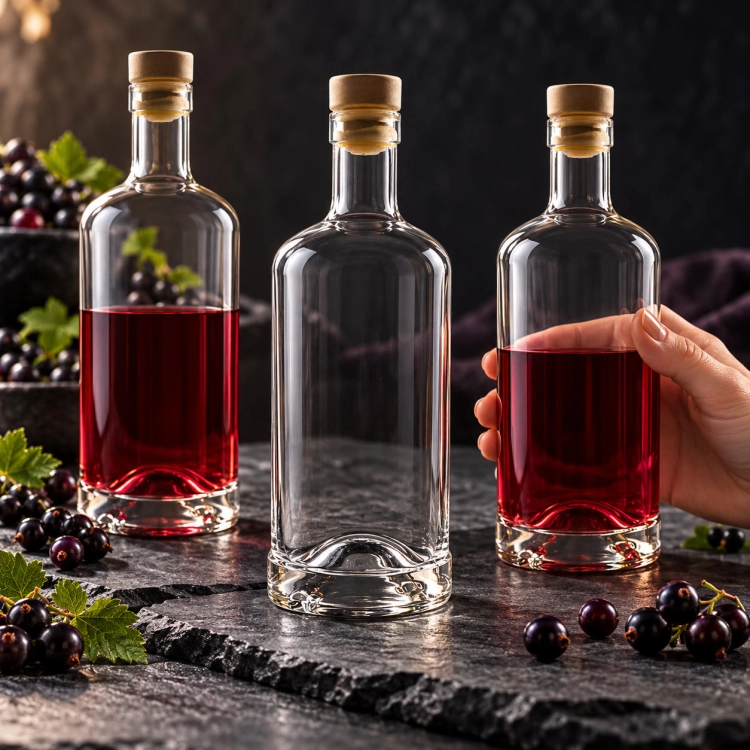 Butelka Statua 500 ml + korek – trzy butelki Statua na ciemnym kamieniu, dwie z czerwonym płynem, jedna w dłoni, porzeczki